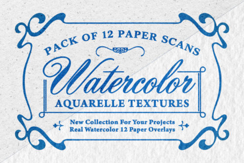 Vintage blue watercolor paper scan pack with ornate flourish border on textured white background