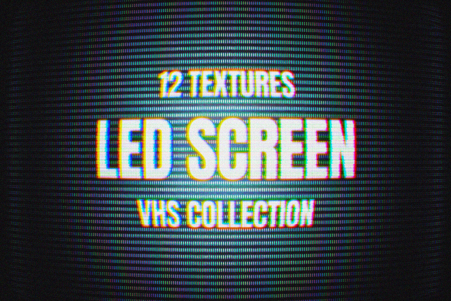 Retro VHS glitch text effect with neon chromatic aberration on scanline background