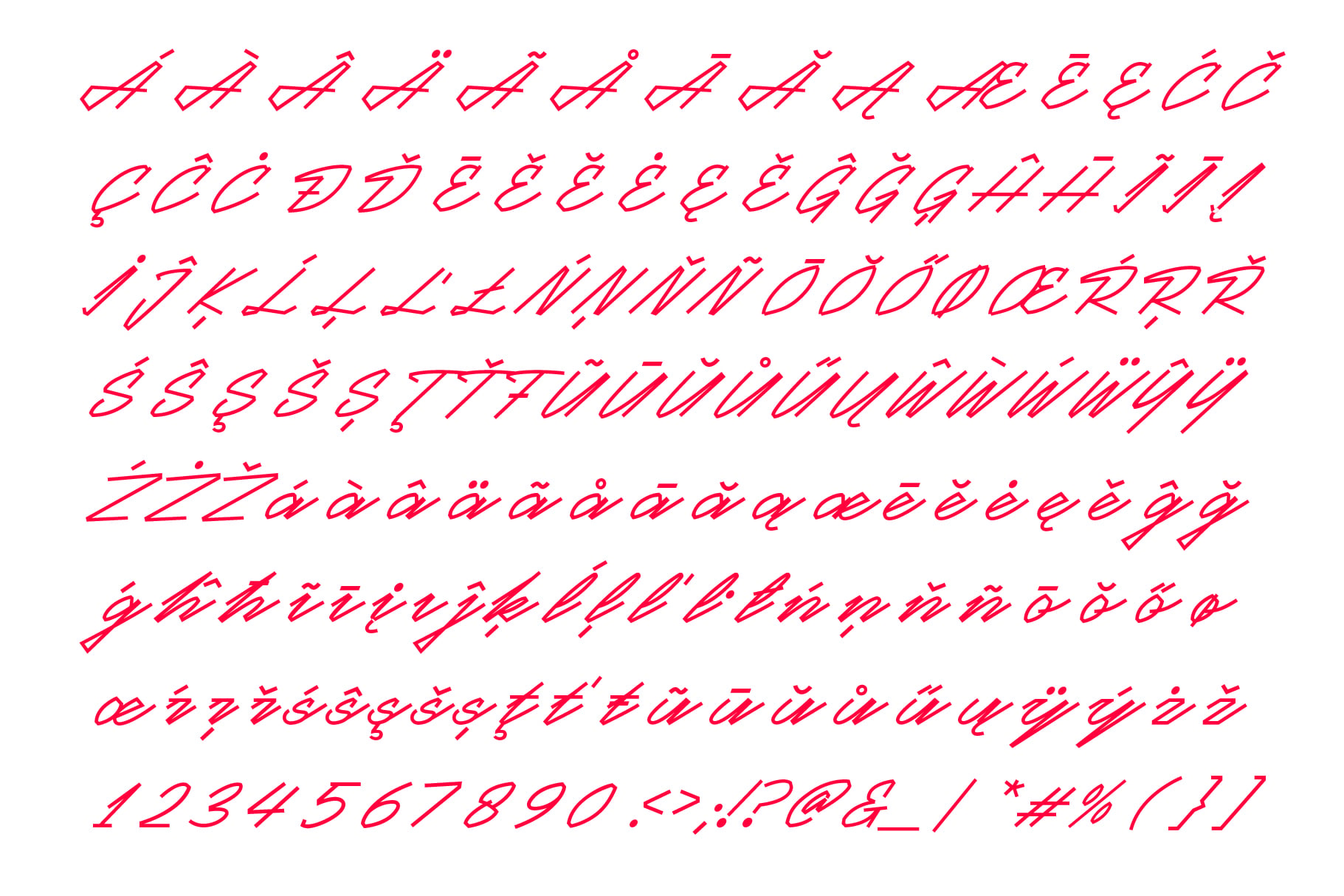 Bright pink italic script font showing full character set with letters, numbers, symbols in sketch style