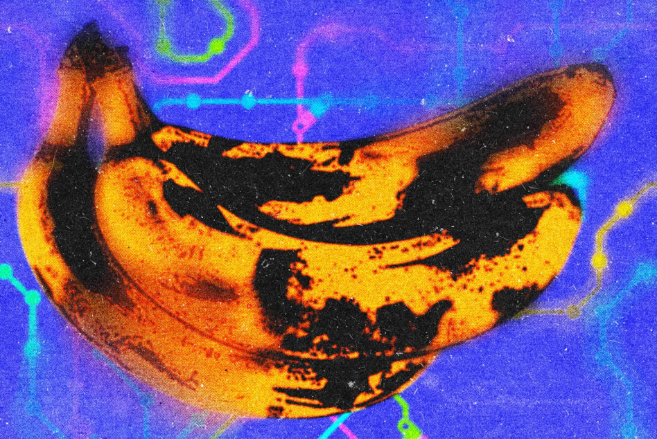 Thermal imaging style banana bunch glowing yellow orange against vibrant blue background with neon accents