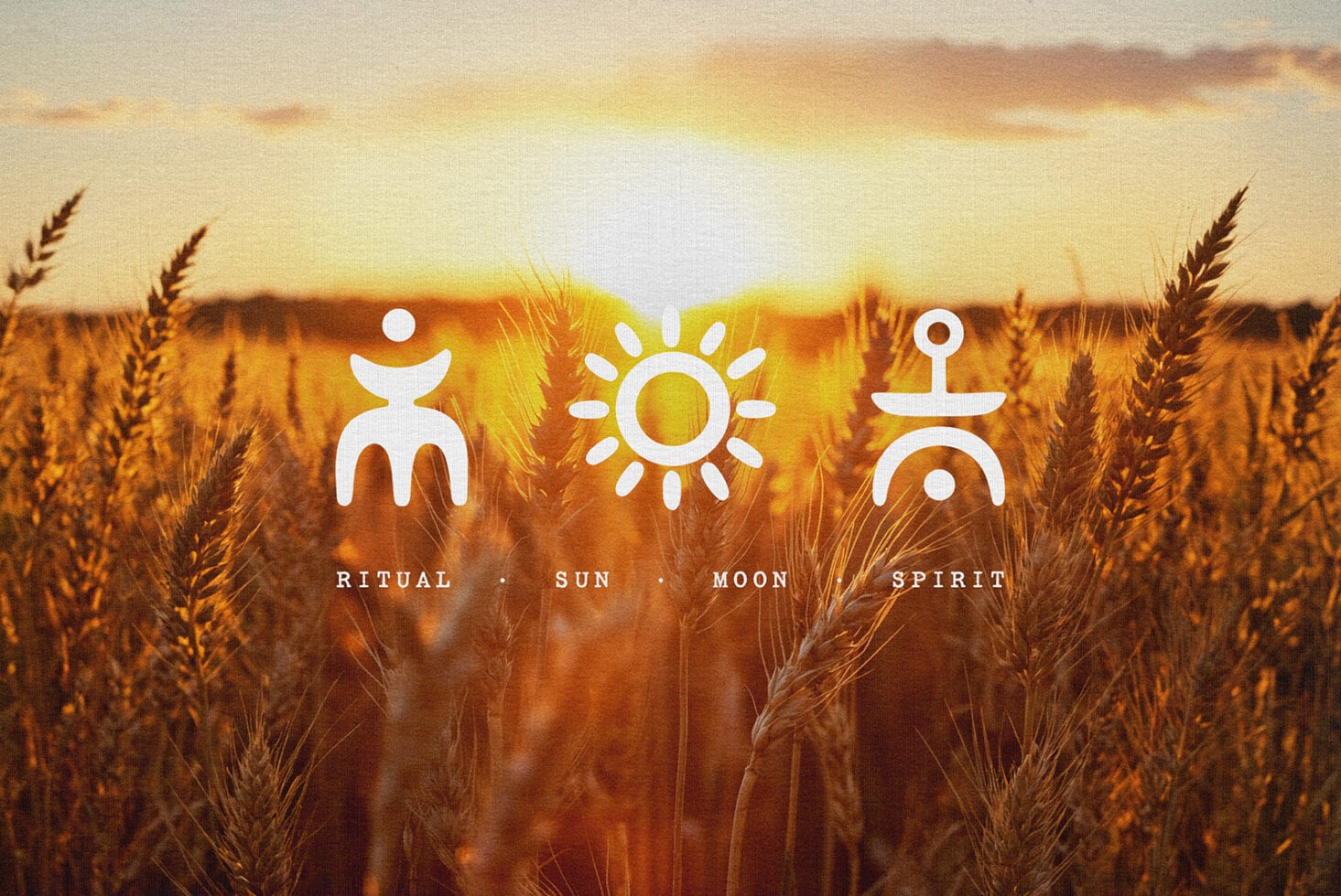 Spiritual icon set overlaid on golden wheat field at sunset with ritual, sun, moon, spirit symbols in white lines