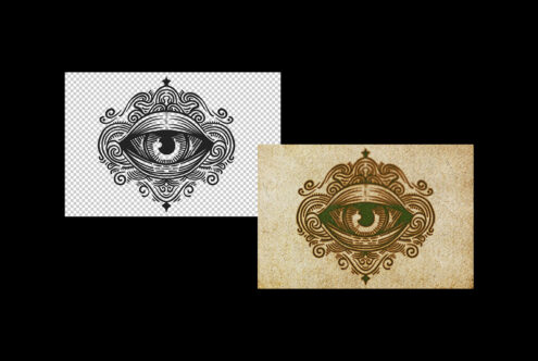 Ornate eye illustration with baroque flourishes in black line drawing plus textured vintage version