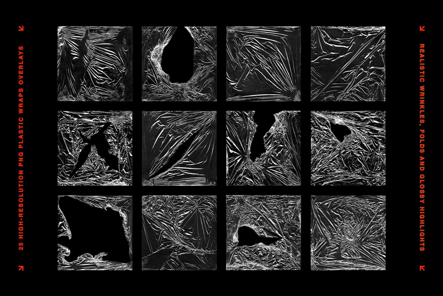 Crinkled plastic wrap texture overlays in high-resolution black with glossy highlights