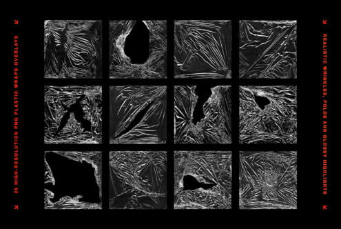 Crinkled plastic wrap texture overlays in high-resolution black with glossy highlights