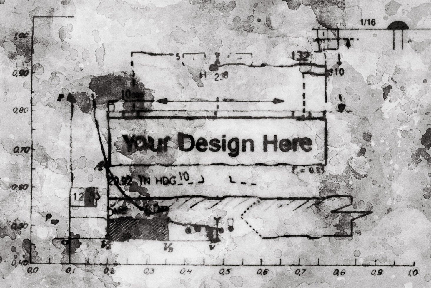 Grunge blueprint mockup with technical drawings, measurements, plus editable text box overlay