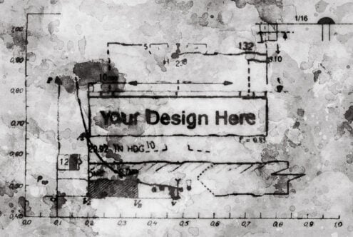 Grunge blueprint mockup with technical drawings, measurements, plus editable text box overlay