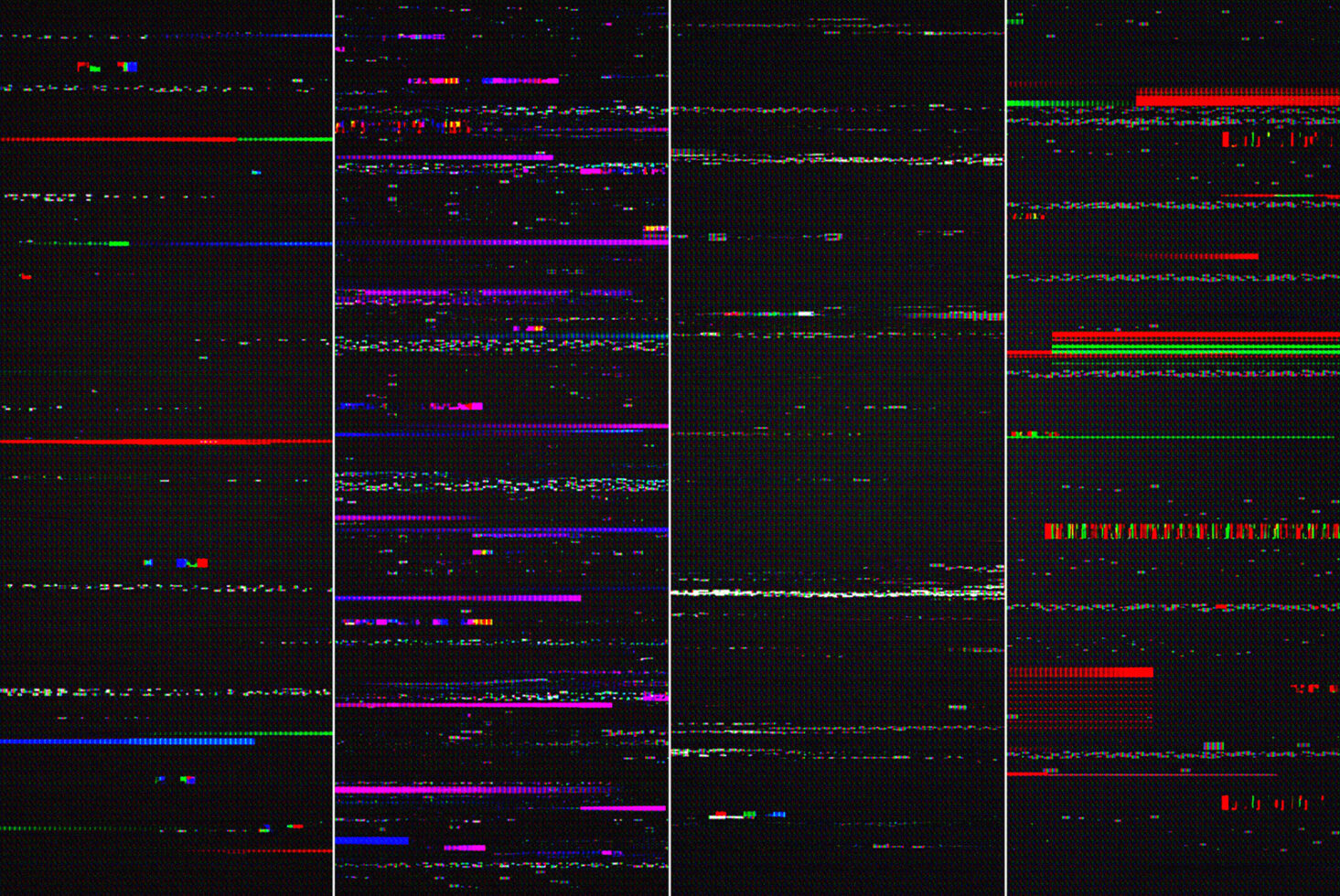 Glitchy VHS scan lines with neon colors bursting across dark pixelated background