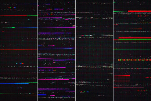 Glitchy VHS scan lines with neon colors bursting across dark pixelated background