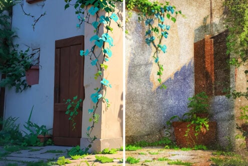 Two architectural textures: turquoise ivy climbing white wall with wooden door, weathered mosaic tiles with creeping vines