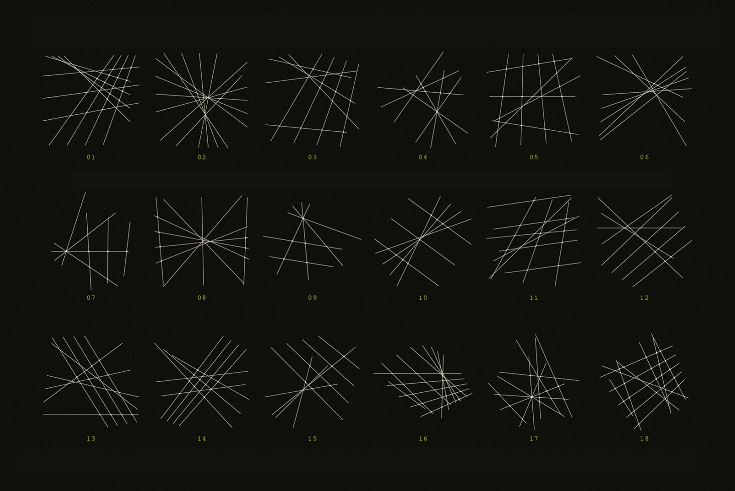 18 minimalist line illustrations with geometric line patterns on black background