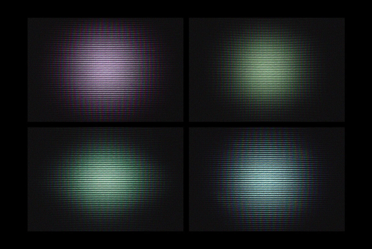 Four glitchy RGB pixel gradients with pink, green, cyan, purple shifts on black backgrounds
