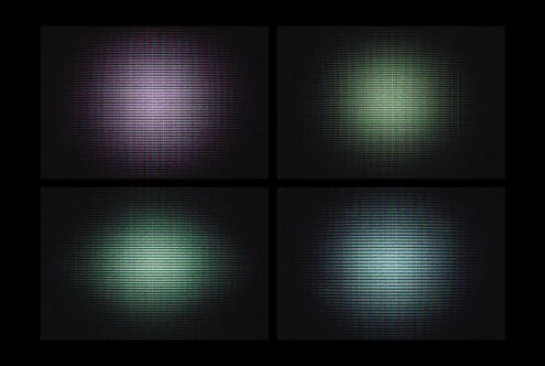 Four glitchy RGB pixel gradients with pink, green, cyan, purple shifts on black backgrounds