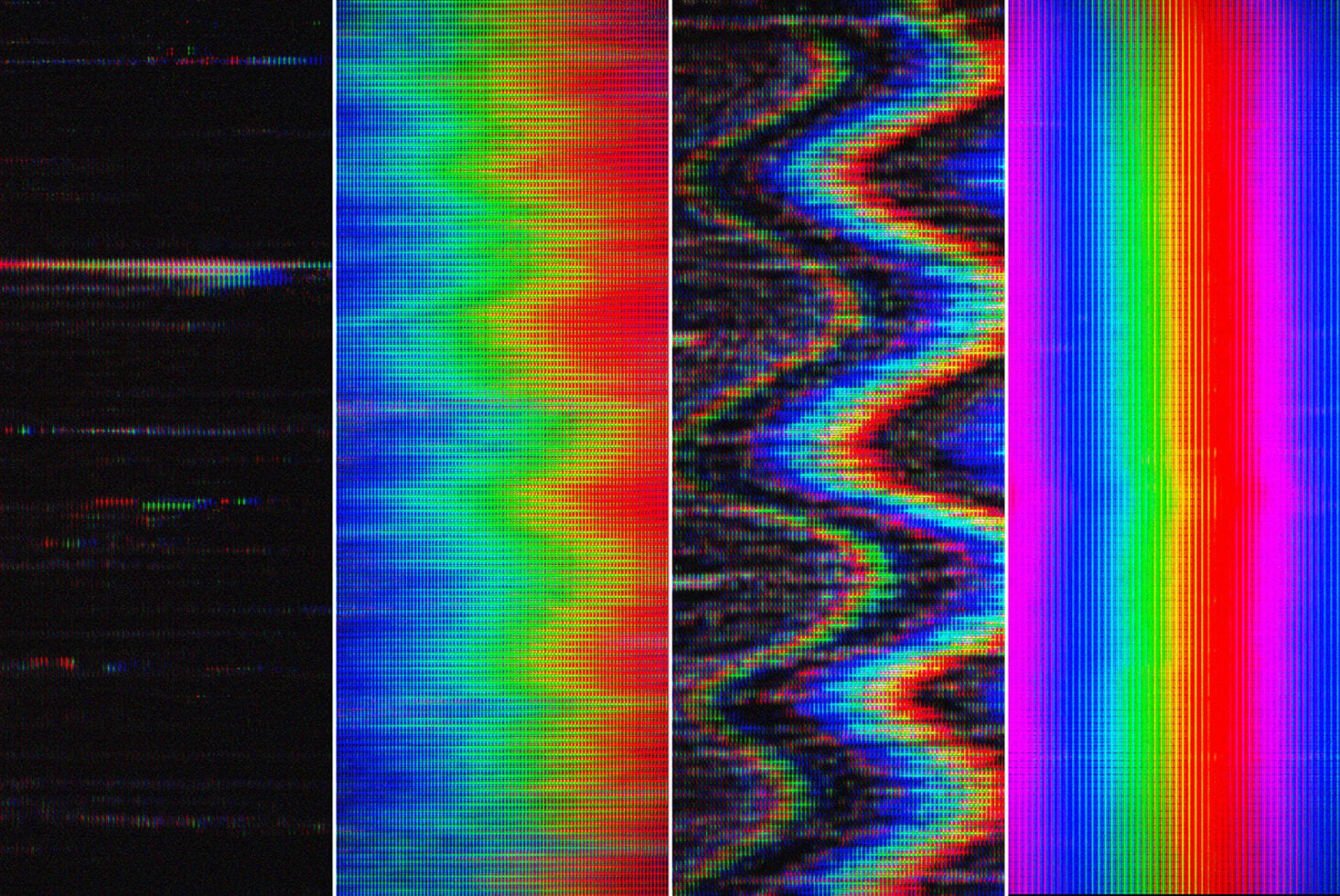 Four glitchy digital textures with rainbow gradients, scanlines, pixelated distortions, neon colors