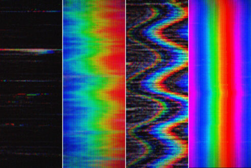 Four glitchy digital textures with rainbow gradients, scanlines, pixelated distortions, neon colors