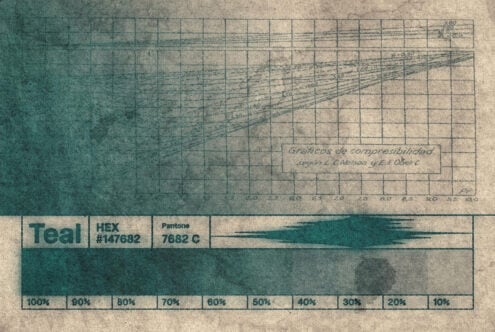Vintage color swatch mockup with teal tones, hex codes, pantone reference, plus percentage scale