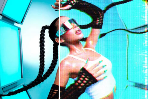 Split screen showing turquoise tech setup on left, glitchy portrait with RGB chromatic aberration on right
