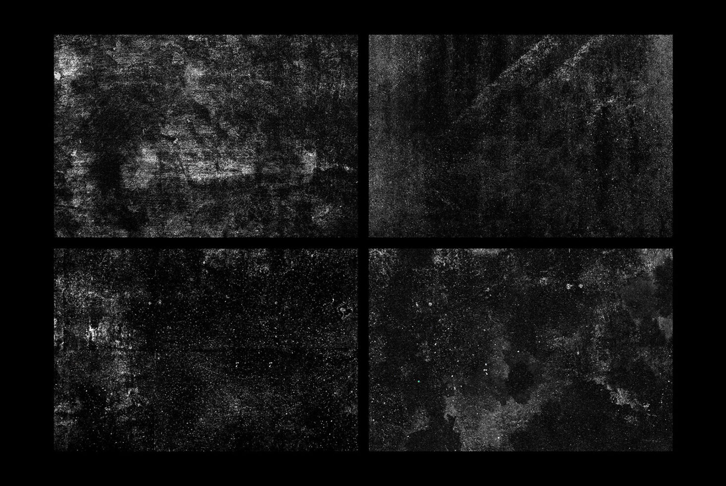 Four gritty grayscale textures with heavy grain, dust, or noise overlay effects for dark designs