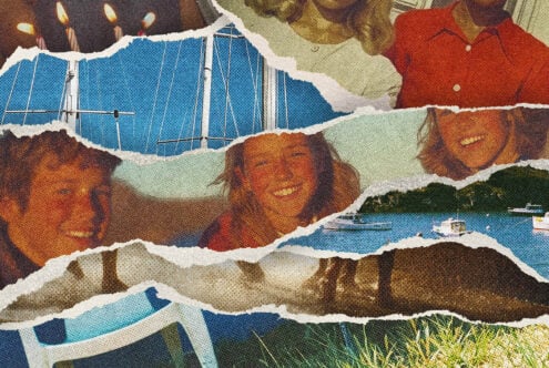 Torn paper collage of coastal scenery with sailboats, fishing boats, cliffs, plus warm vintage color palette