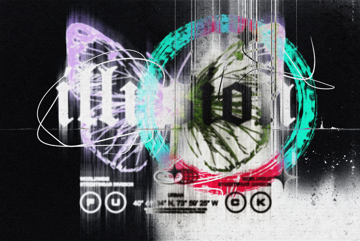 Glitchy butterfly with neon cyan, pink, purple overlays on corrupted VHS static background