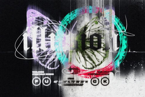 Glitchy butterfly with neon cyan, pink, purple overlays on corrupted VHS static background