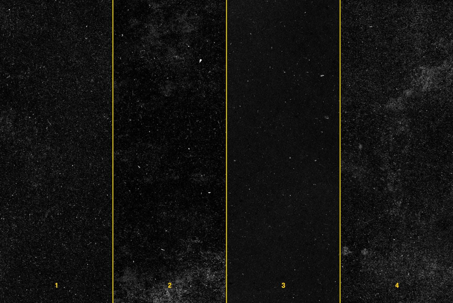 Grungy black texture with gold divider lines, four numbered panels showing worn dust overlay effect