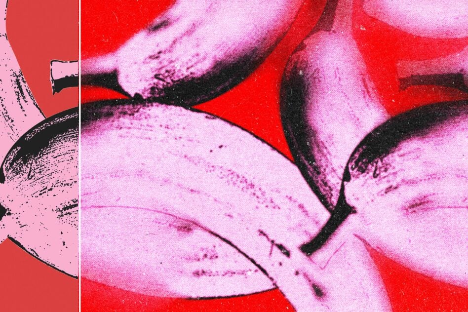 Bold pop art lips in hot pink, red, black with gritty halftone texture overlay