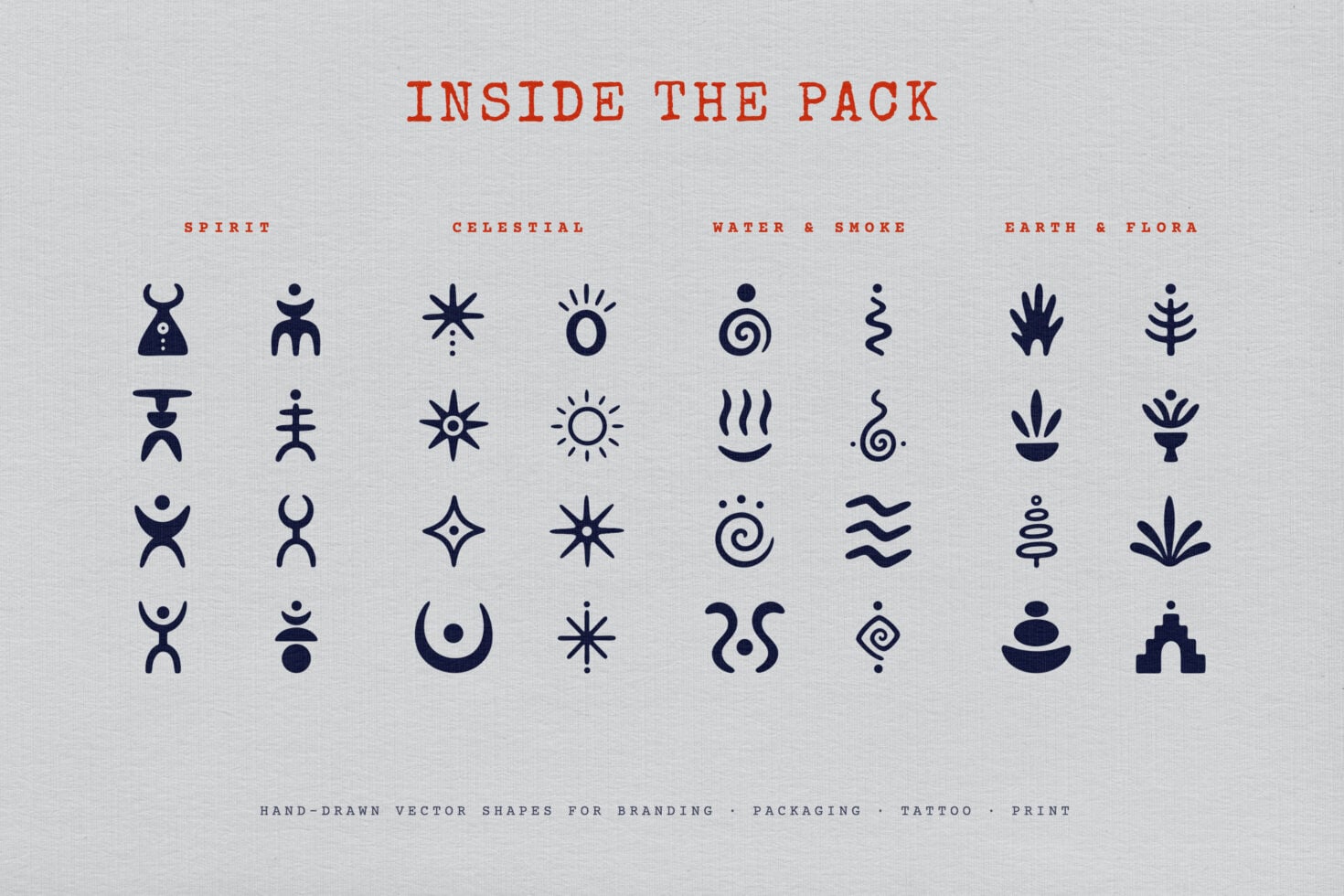 Hand-drawn vector icon set organized by themes: spirit, celestial, water, earth symbols