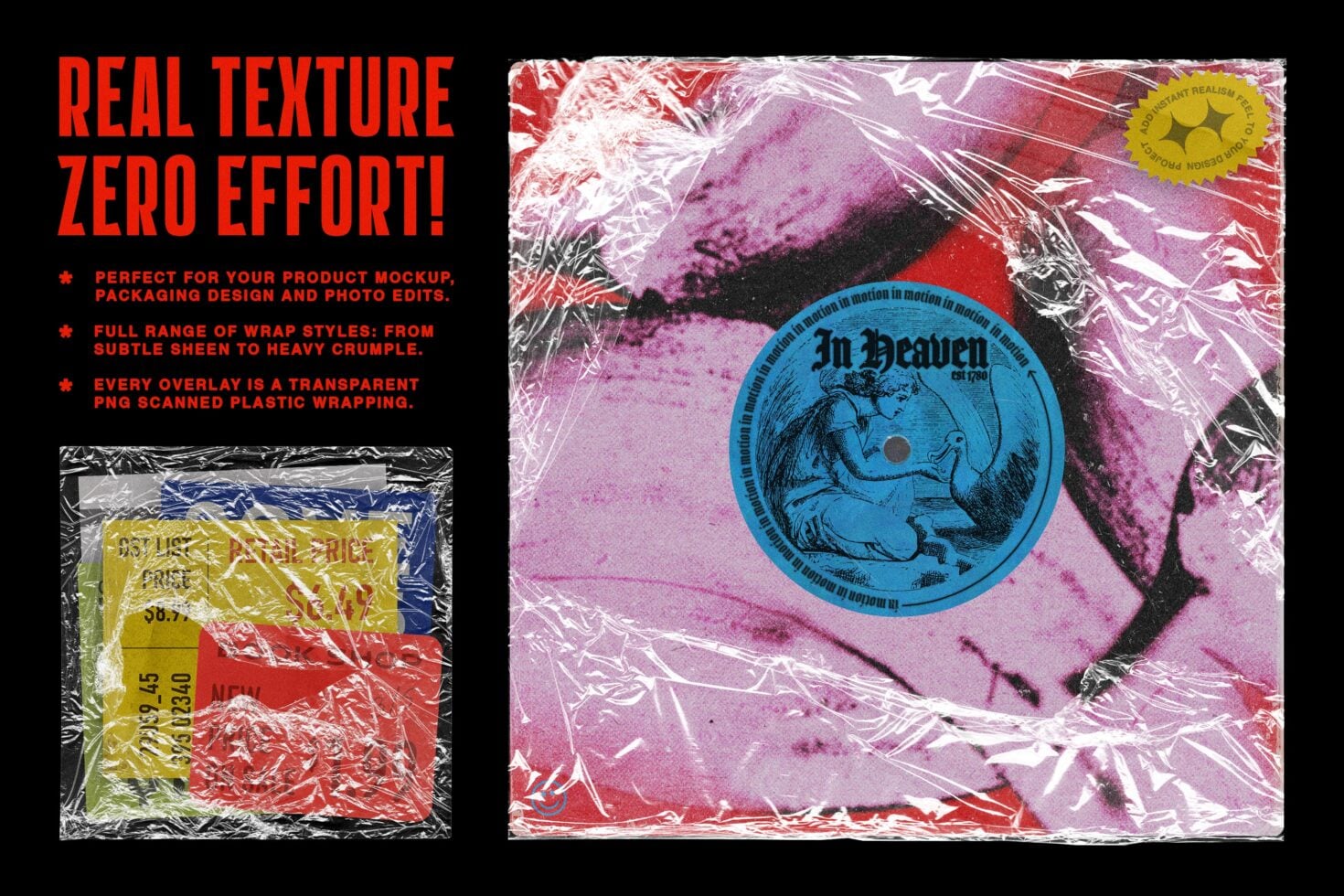 Vinyl record wrapped in crinkled plastic with colorful paint splatters showing through