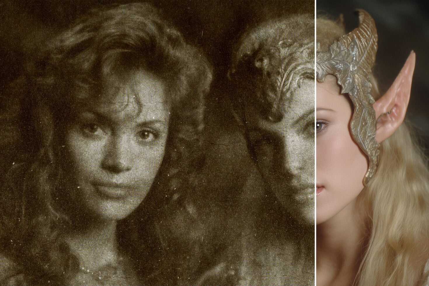 Vintage photo effect meets fantasy elf character with ornate headpiece in split comparison layout