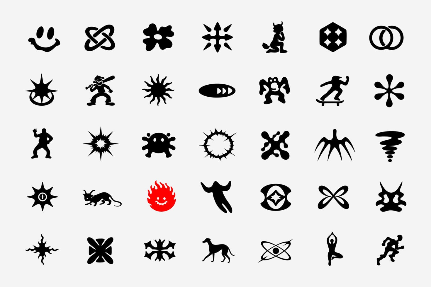 Bold icon set with mystical symbols, monsters, creatures, one red flaming orb stands out