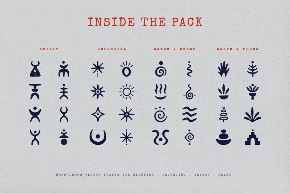 Hand-drawn vector icon set organized by themes: spirit, celestial, water, earth symbols