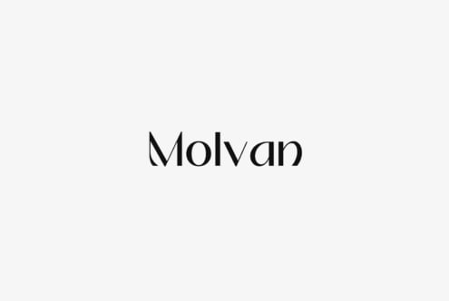 Molvan serif typeface with elegant angled strokes on minimal light background
