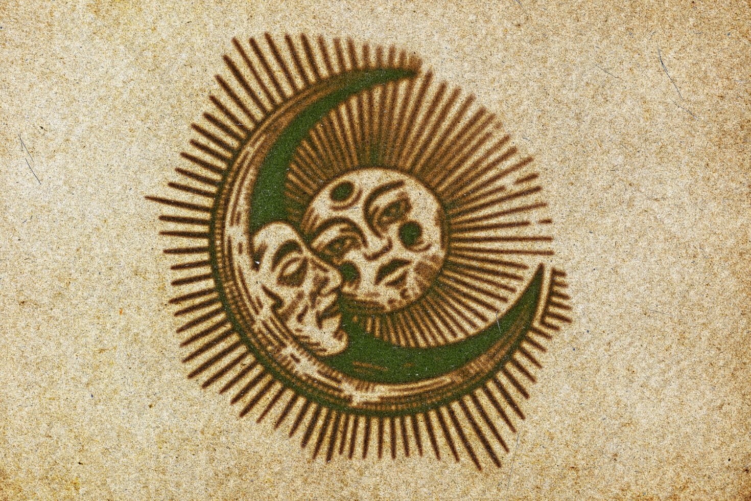Ornate celestial skull with radiating sun rays in earthy gold, cream, with moss green accents