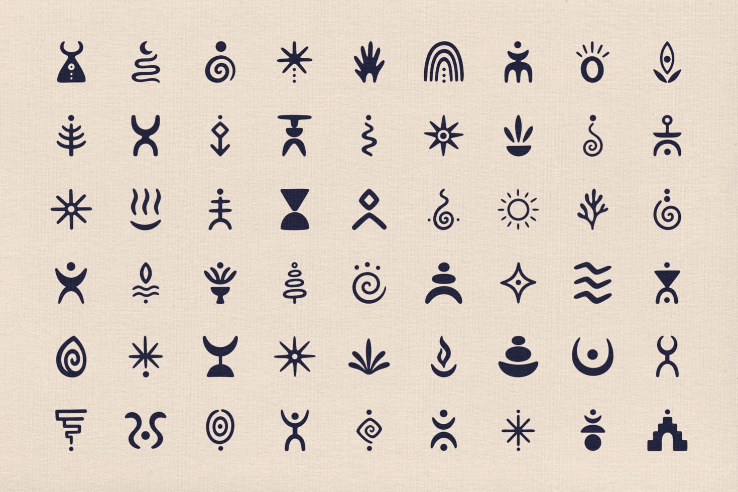 Mystical symbol icon set with celestial, spiritual, occult designs in navy