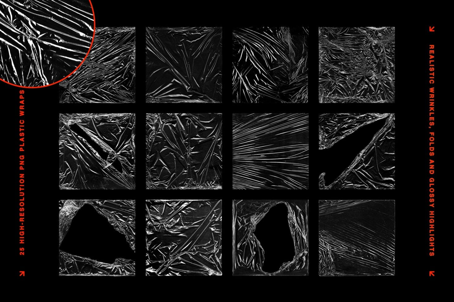 Crinkled plastic wrap textures in black with white highlights, 12 different patterns