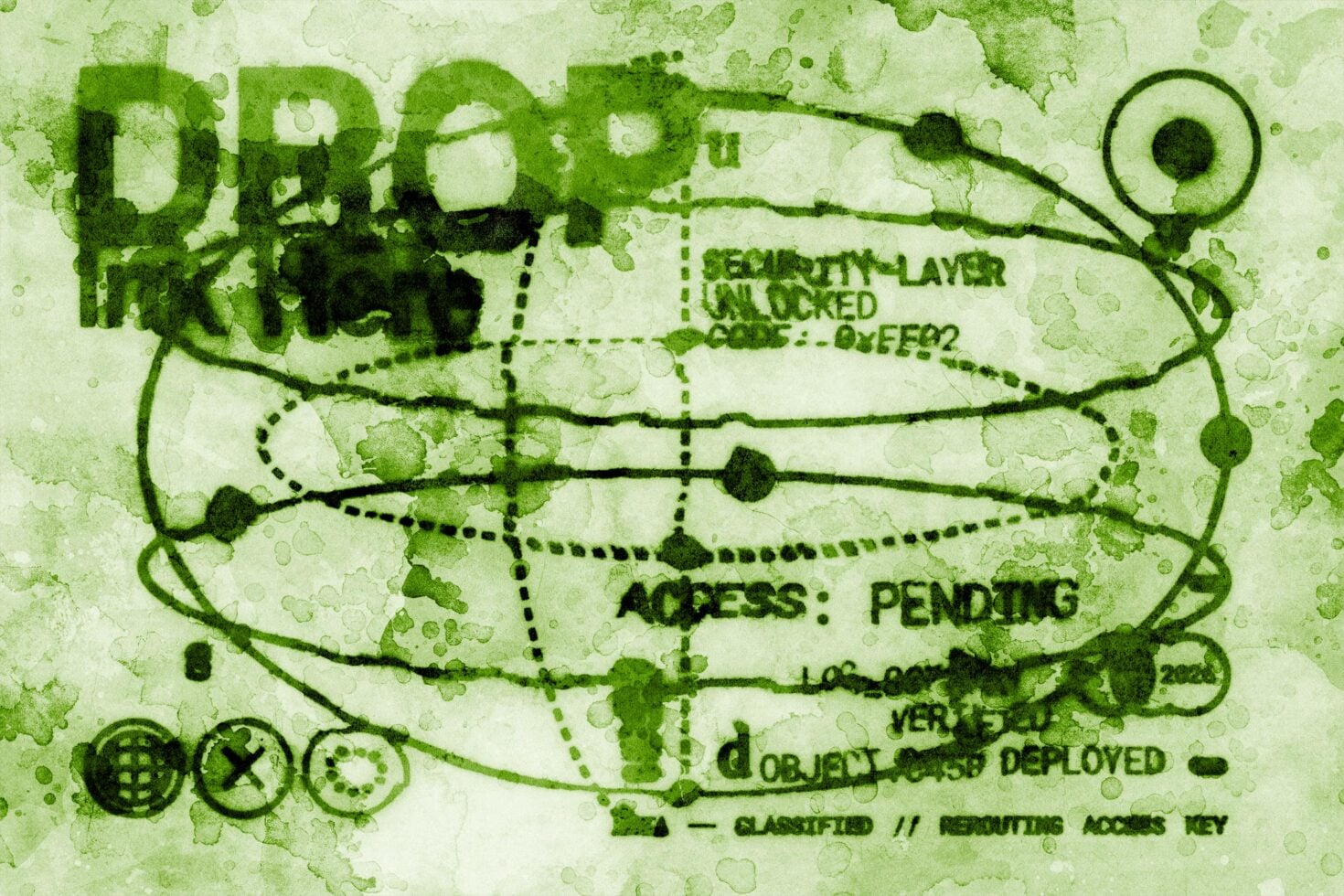 Grungy green classified document mockup with watercolor texture, security stamps, circuit lines, icons