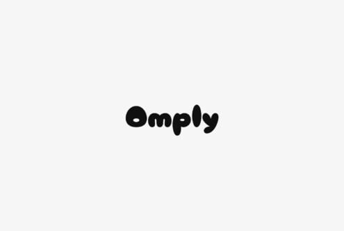 Omply wordmark in bold black rounded typeface on light gray background