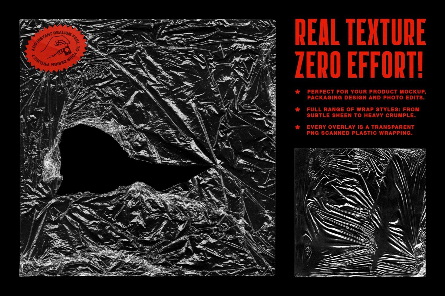Crumpled black plastic wrap texture overlay with cutout window for mockups