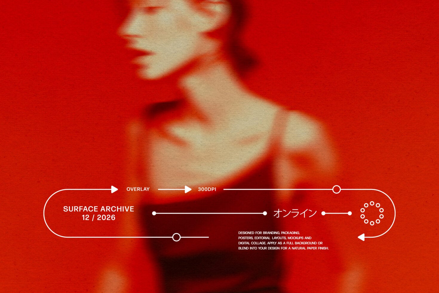 Blurred portrait overlay on bright red background with UI elements, Japanese text, date stamp