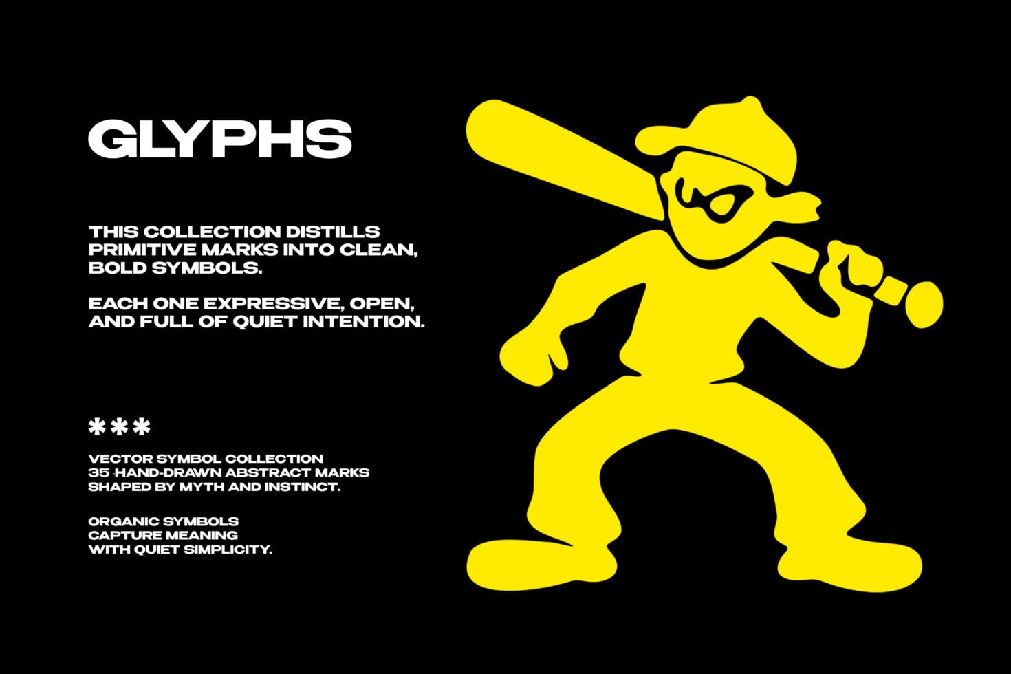 Glyphs vector symbol collection with 35 hand-drawn abstract marks in bright yellow on black