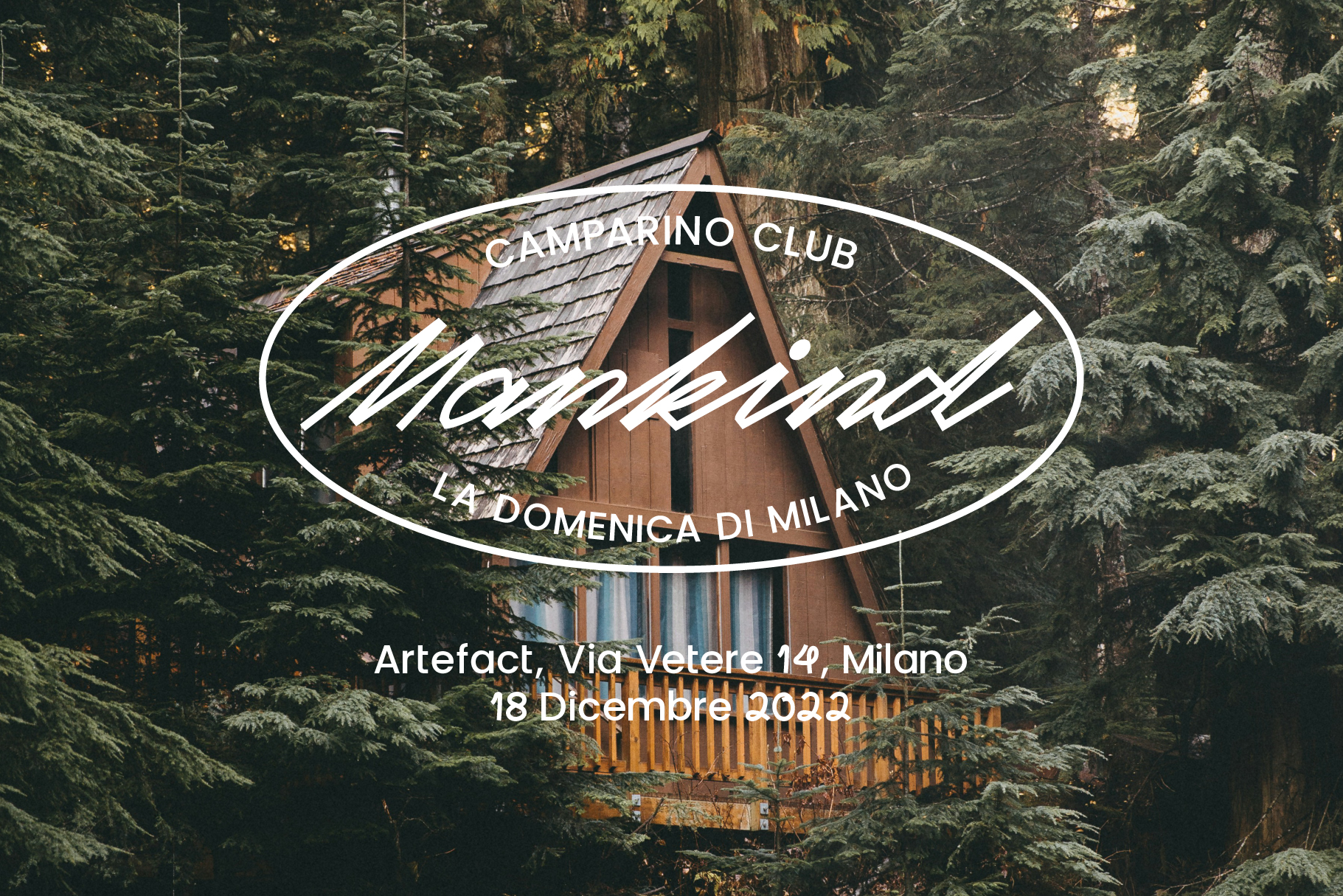 Vintage oval logo overlay on forest cabin with event details in script typeface