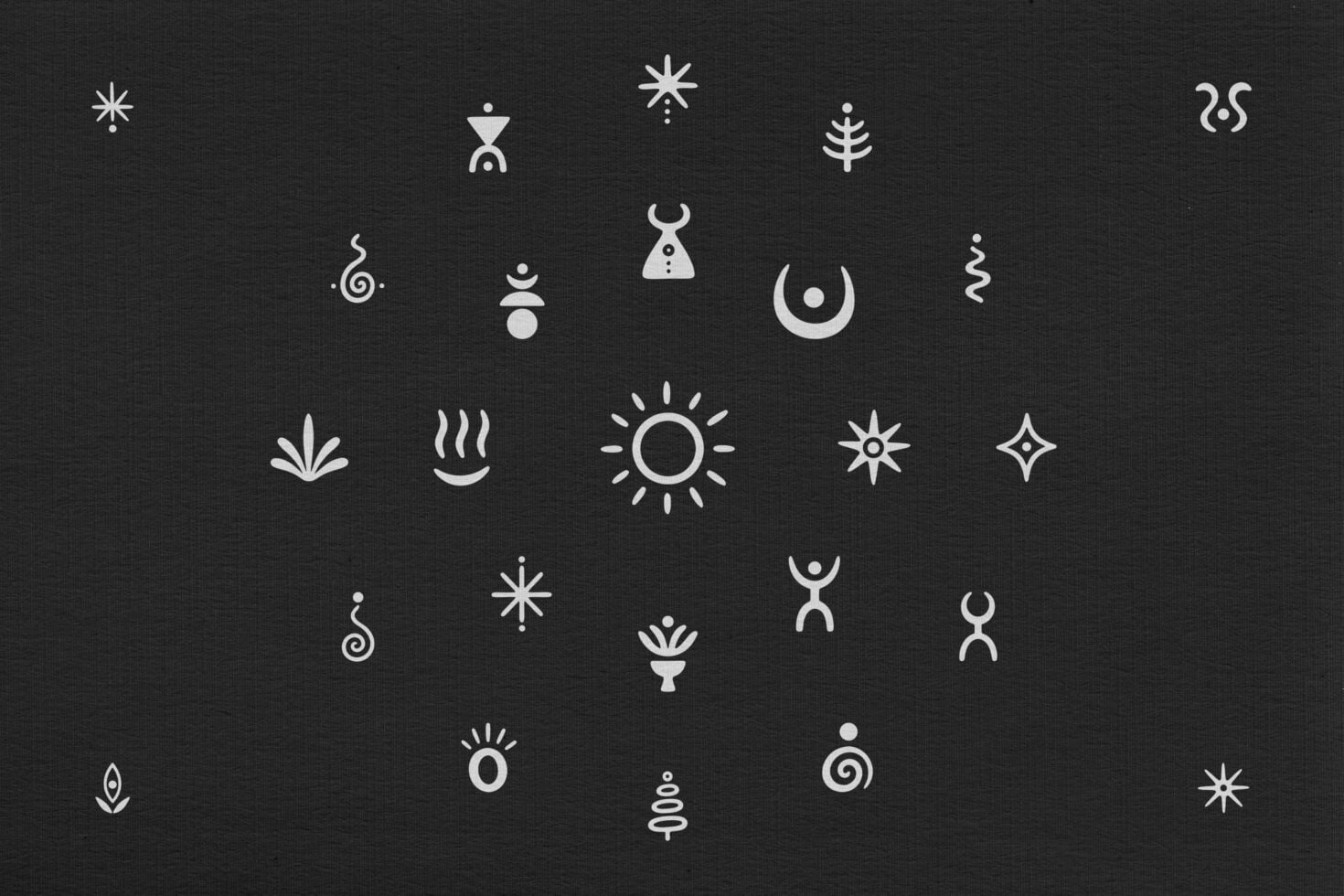 Mystical symbol icon set with sun, moon, stars, spirals, horns on dark background