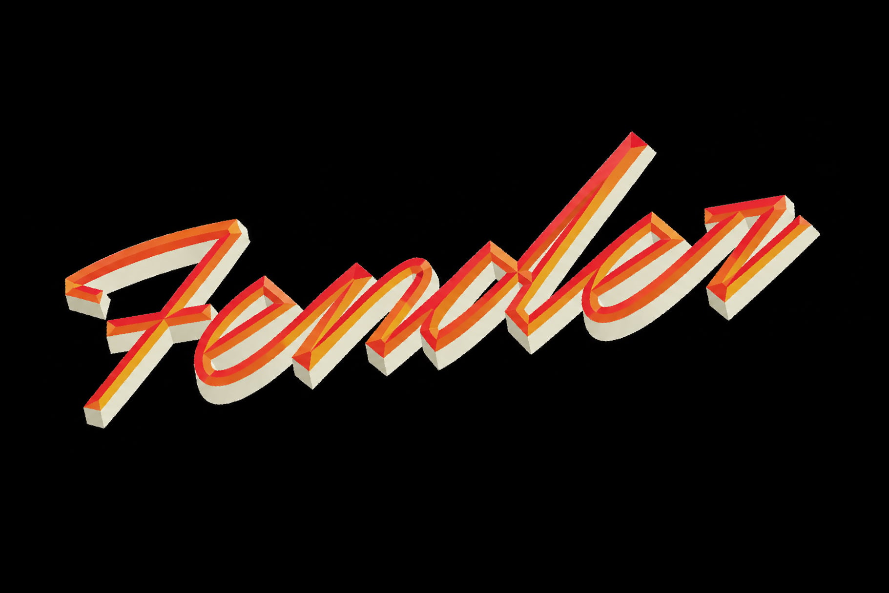 Colorful 3D isometric typography with striped red, orange, yellow, cream layers on black background