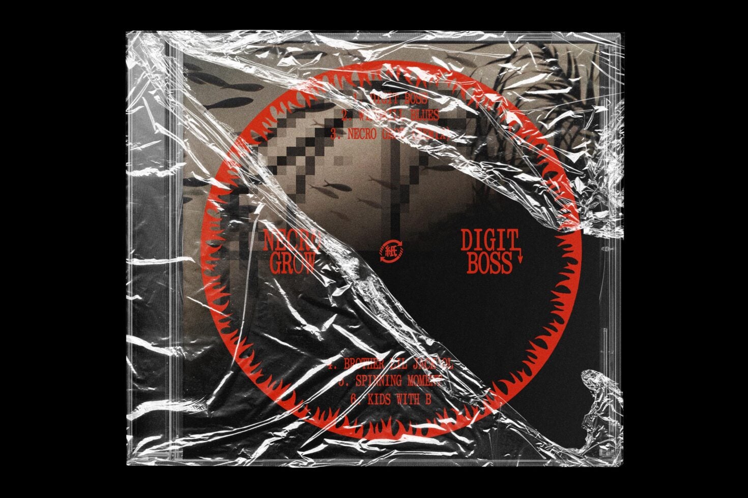 CD case mockup with plastic wrap, pixelated face, red edgy typography on black