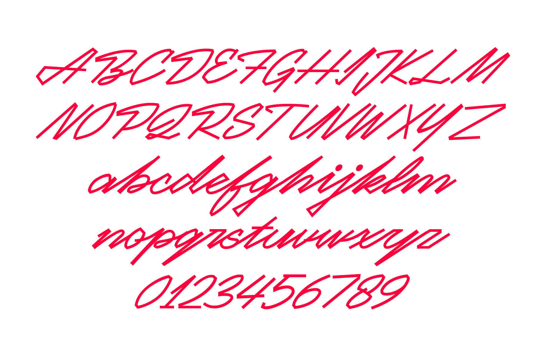 Slanted red italic font showing uppercase letters, lowercase, numbers on white background
