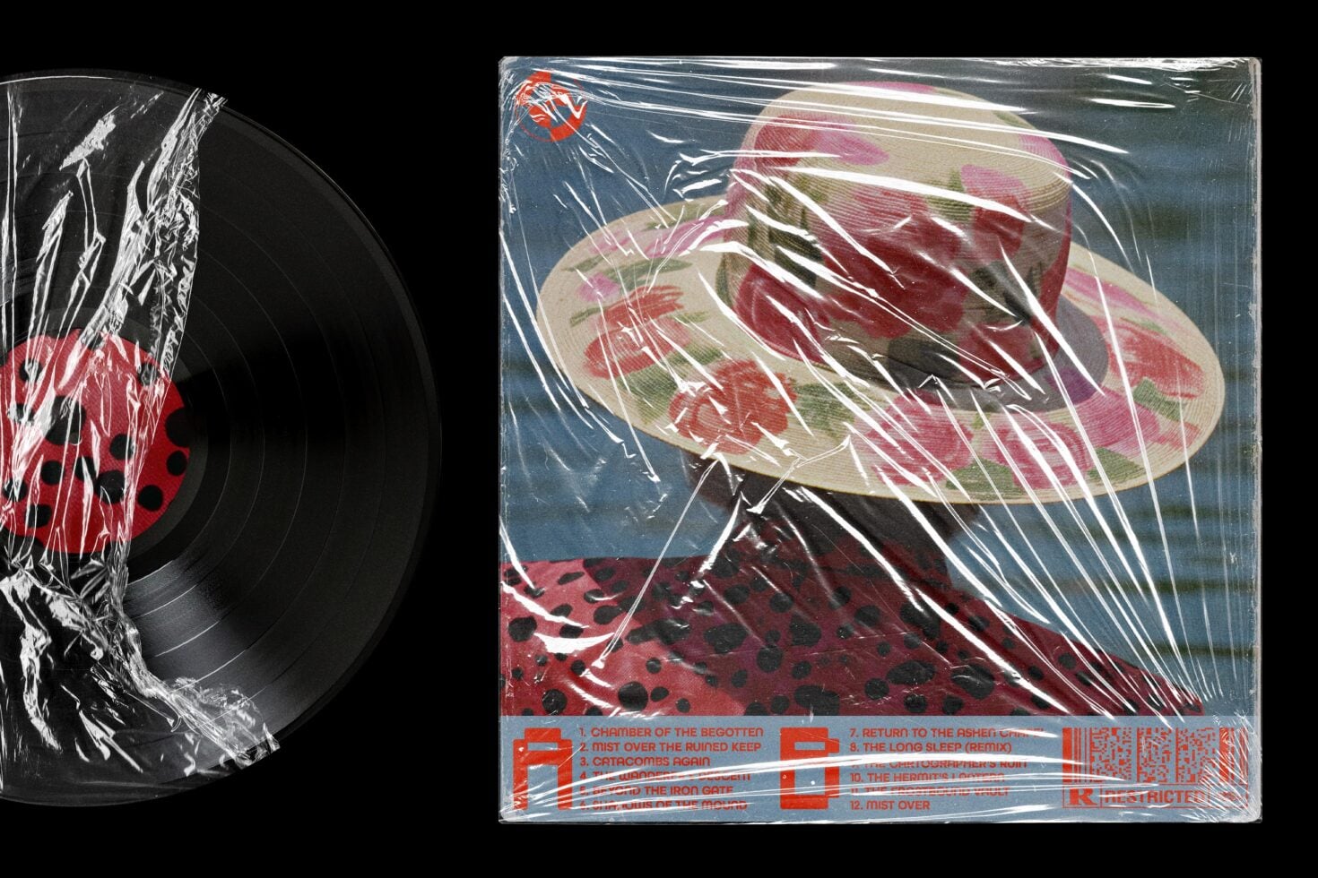 Vinyl record in shrinkwrap next to album artwork showing floral patterns with red text overlay