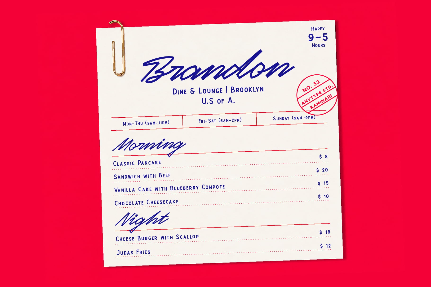Vintage diner menu mockup with blue script lettering on cream paper, gold paperclip, red stamps, bright pink background