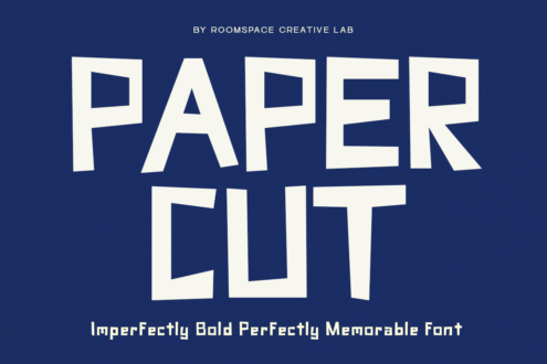 Bold geometric font specimen on navy background with hollow letterforms design