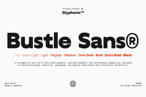 Bustle Sans font family with 9 weights from Thin to Black displayed