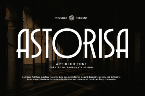 Astorsa Art Deco font display with geometric letterforms over vintage architecture